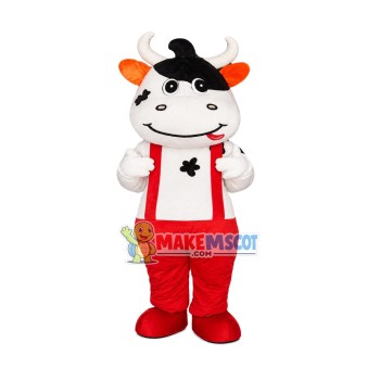 Cow With Red Overalls Mascot Costume