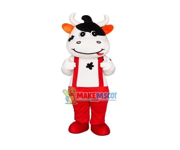 Cow With Red Overalls Mascot Costume