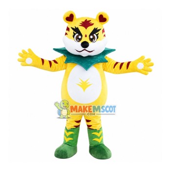 Fried Fur Tiger With Leaf Bib Mascot Costume Fried Fur Tiger With Leaf Bib Mascot Costume