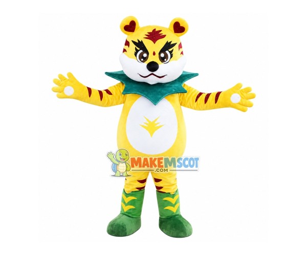 Fried Fur Tiger With Leaf Bib Mascot Costume Fried Fur Tiger With Leaf Bib Mascot Costume