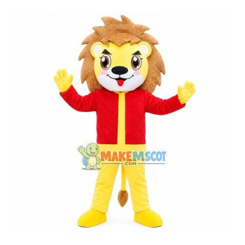 Amiable Lion With Red Top Mascot Costume Amiable Lion With Red Top Mascot Costume