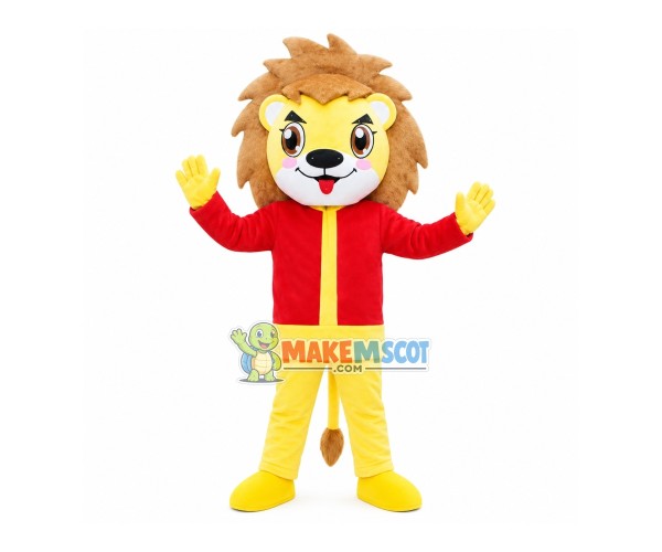 Amiable Lion With Red Top Mascot Costume Amiable Lion With Red Top Mascot Costume
