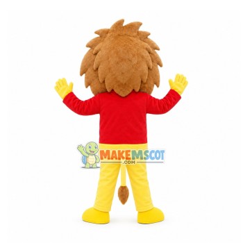 Amiable Lion With Red Top Mascot Costume Amiable Lion With Red Top Mascot Costume