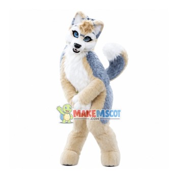 Smirking Furry Blue & White Wolf Mascot Costume