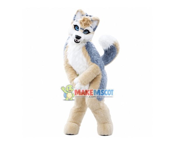 Smirking Furry Blue & White Wolf Mascot Costume
