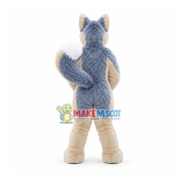 Smirking Furry Blue & White Wolf Mascot Costume