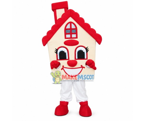 Red Cottage With Chimney Mascot Costume Red Cottage With Chimney Mascot Costume