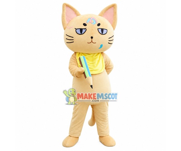 Serious School Cat Mascot Costume With Pencil Serious School Cat Mascot Costume With Pencil