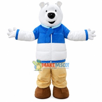 Polar Bear Wearing Down Jacket Mascot Costume