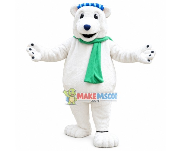 Polar Bear Mascot Costume With Green Scarf Polar Bear Mascot Costume With Green Scarf