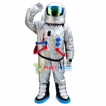 Astronaut In Silver Space Suit Mascot Costume Astronaut In Silver Space Suit Mascot Costume