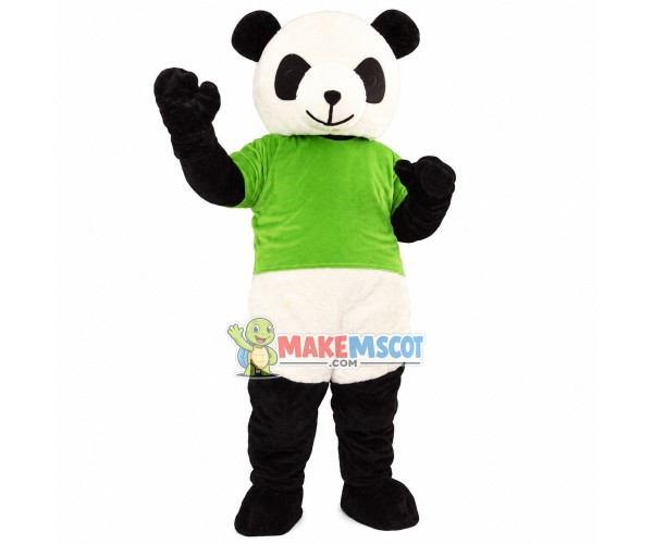 Lovable Green Shirt Panda Mascot Costume Lovable Green Shirt Panda Mascot Costume