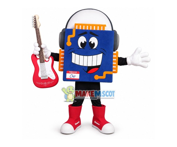 Blue Speaker Holding Guitar Mascot Costume Blue Speaker Holding Guitar Mascot Costume
