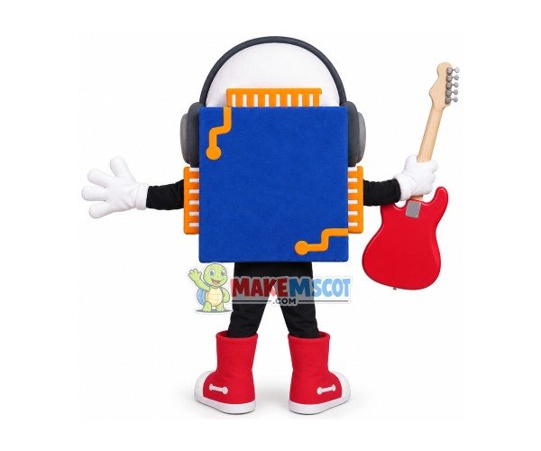 Blue Speaker Holding Guitar Mascot Costume Blue Speaker Holding Guitar Mascot Costume