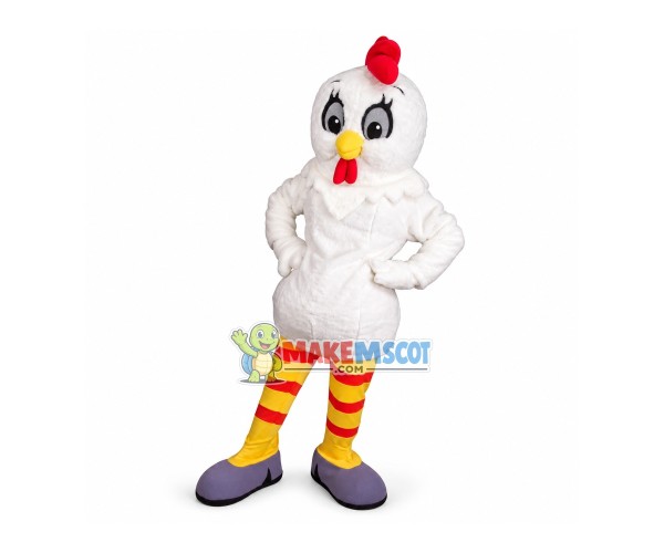 White Chicken In Striped Socks Mascot Costume White Chicken In Striped Socks Mascot Costume