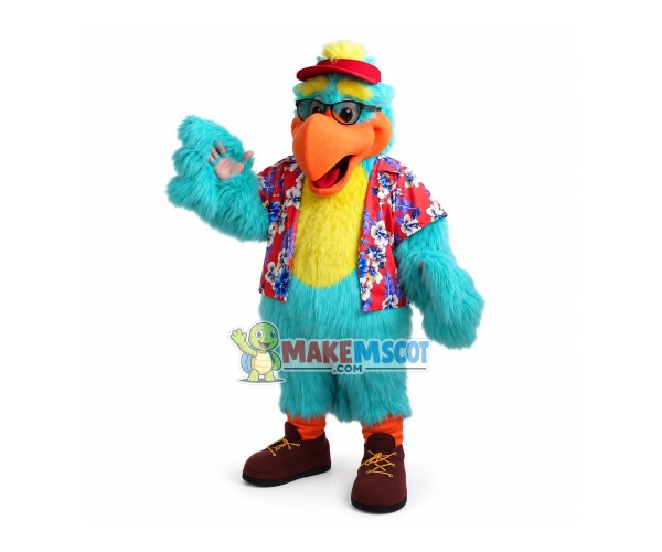 Blue Hairy Parrot In Flower Blouse Mascot Costume