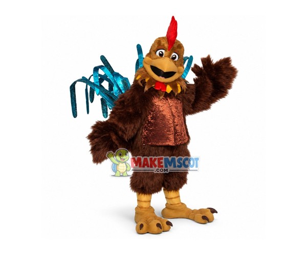 Brown Long Wool Chicken With Bright Tail Mascot Costume