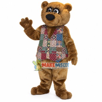 The Spectacled Bear Manager In Flower Vest Mascot Costume The Spectacled Bear Manager In Flower Vest Mascot Costume