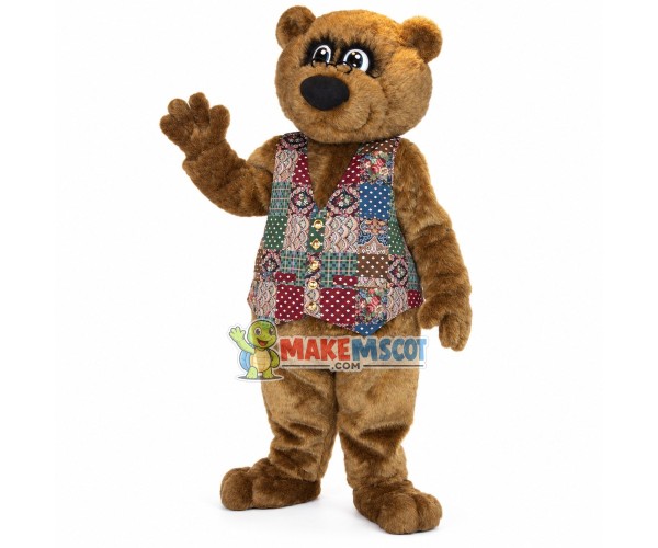 The Spectacled Bear Manager In Flower Vest Mascot Costume The Spectacled Bear Manager In Flower Vest Mascot Costume
