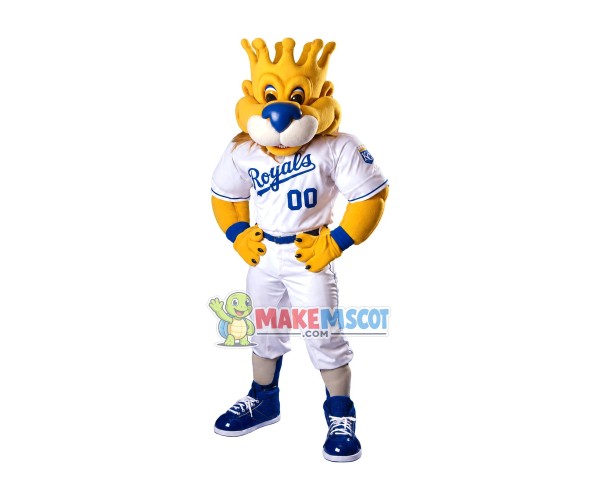 Sturdy Crown Lion Wearing Tight Outfit Mascot Costume Sturdy Crown Lion Wearing Tight Outfit Mascot Costume