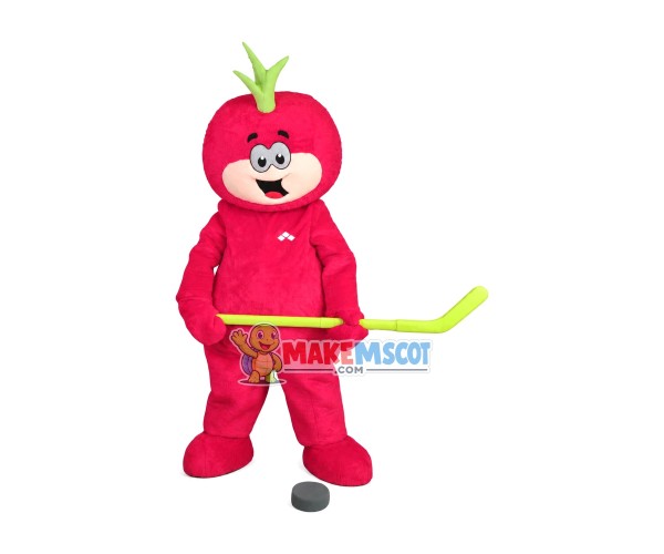 Cute Tomato Doll Mascot Costume Playing Hockey