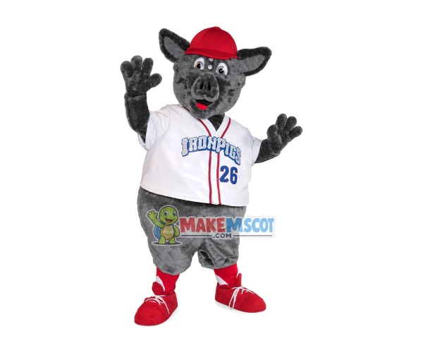 Grey Boy Pig In The Red Cap Mascot Costume