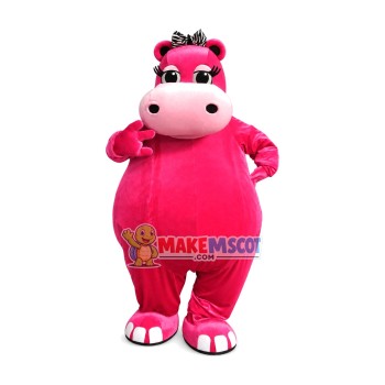 Pretty Bright Pink Hippo With Hair Band Mascot Costume