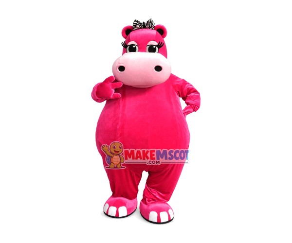 Pretty Bright Pink Hippo With Hair Band Mascot Costume