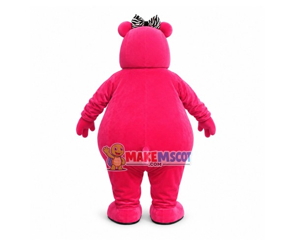 Pretty Bright Pink Hippo With Hair Band Mascot Costume