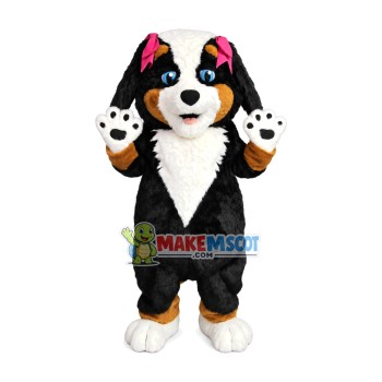 Blue Eyed Furry Puppy With Pink Hairpins Mascot Costume Blue Eyed Furry Puppy With Pink Hairpins Mascot Costume