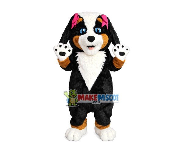 Blue Eyed Furry Puppy With Pink Hairpins Mascot Costume Blue Eyed Furry Puppy With Pink Hairpins Mascot Costume