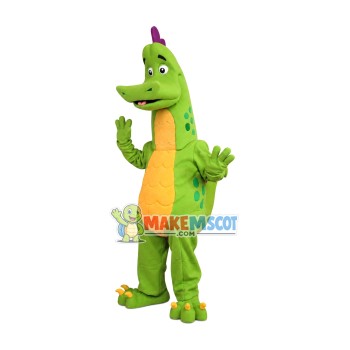Adventurous Green Dinosaur Mascot Cartoon Costume