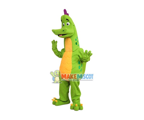Adventurous Green Dinosaur Mascot Cartoon Costume Adventurous Green Dinosaur Mascot Cartoon Costume