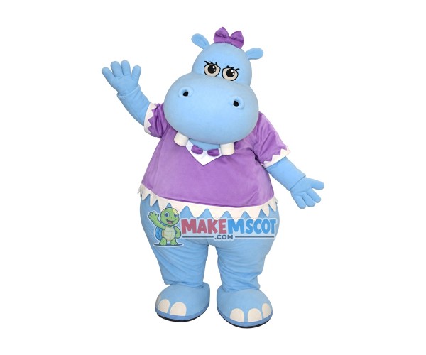 Shy Light Blue Hippo With Lace Shirt Mascot Costume Shy Light Blue Hippo With Lace Shirt Mascot Costume