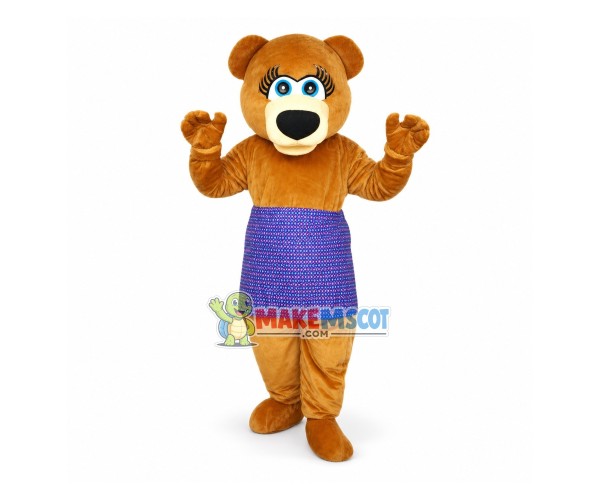 Mother Bear Mascot Costume With Purple Apron Mother Bear Mascot Costume With Purple Apron