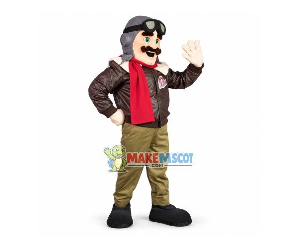 Bomber Pilot In Leather Jacket Mascot Costume Bomber Pilot In Leather Jacket Mascot Costume
