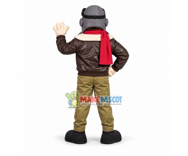 Bomber Pilot In Leather Jacket Mascot Costume Bomber Pilot In Leather Jacket Mascot Costume