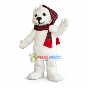 Polar Bear Wrapped In Plaid Scarf Mascot Costume