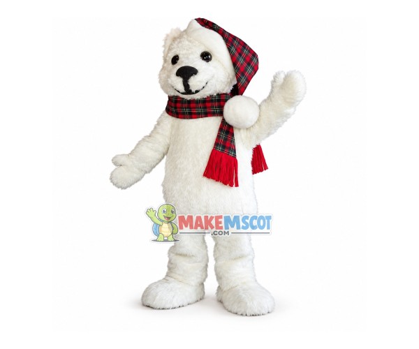 Polar Bear Wrapped In Plaid Scarf Mascot Costume Polar Bear Wrapped In Plaid Scarf Mascot Costume