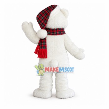 Polar Bear Wrapped In Plaid Scarf Mascot Costume Polar Bear Wrapped In Plaid Scarf Mascot Costume