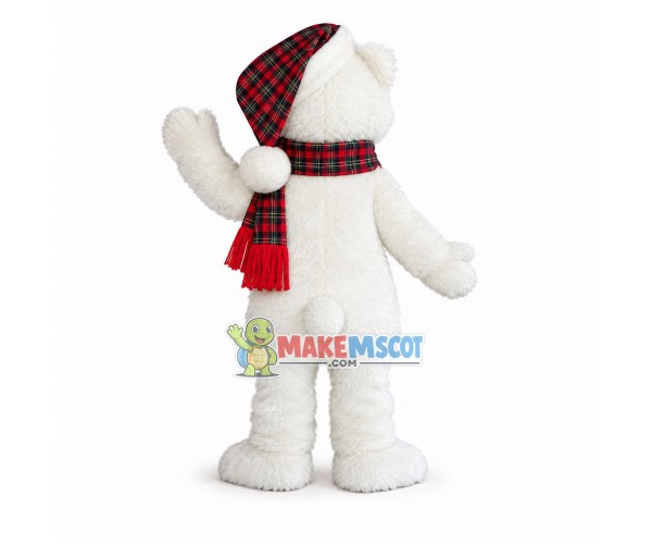 Polar Bear Wrapped In Plaid Scarf Mascot Costume Polar Bear Wrapped In Plaid Scarf Mascot Costume