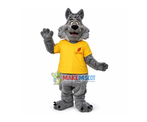 The Docile Wolf In Yellow Shirt Mascot Costume The Docile Wolf In Yellow Shirt Mascot Costume