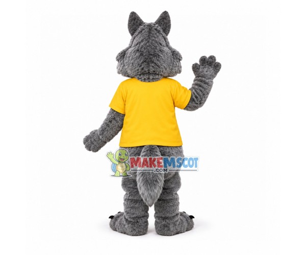 The Docile Wolf In Yellow Shirt Mascot Costume The Docile Wolf In Yellow Shirt Mascot Costume