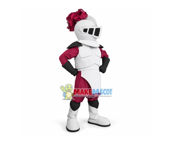 Strong Masked Soldier In White Armor Mascot Costume