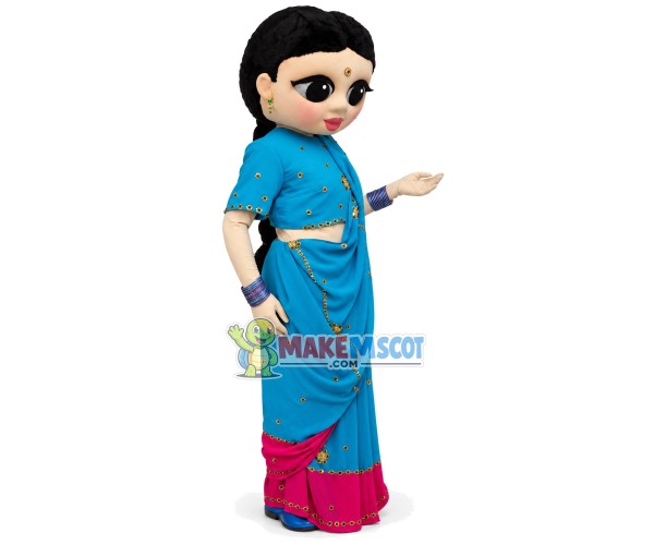 Indian Girl In Blue Traditional Long Dress Mascot Costume Indian Girl In Blue Traditional Long Dress Mascot Costume