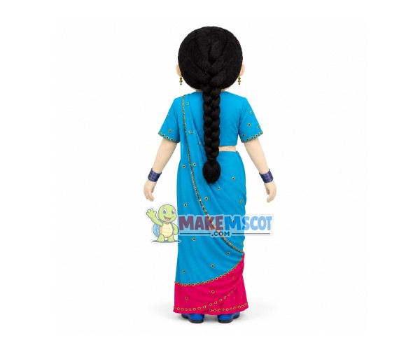 Indian Girl In Blue Traditional Long Dress Mascot Costume Indian Girl In Blue Traditional Long Dress Mascot Costume