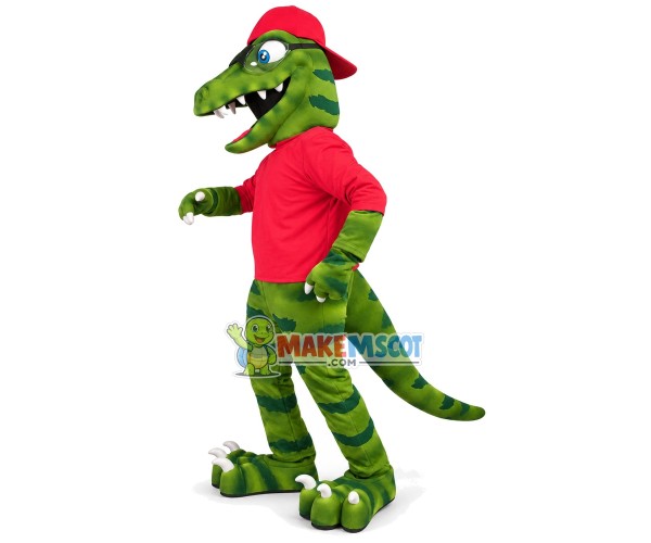 Green Dinosaur With Red Baseball Cap Mascot Costume Green Dinosaur With Red Baseball Cap Mascot Costume