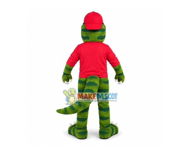 Green Dinosaur With Red Baseball Cap Mascot Costume Green Dinosaur With Red Baseball Cap Mascot Costume
