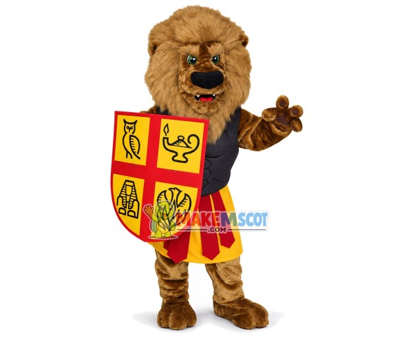 Muscular Lion Warrior Holding Shield Mascot Costume Muscular Lion Warrior Holding Shield Mascot Costume
