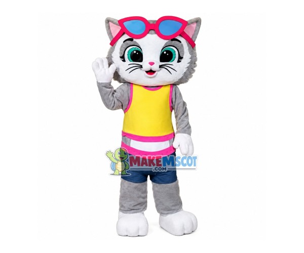 Casual Gray Cat With Glasses Mascot Costume